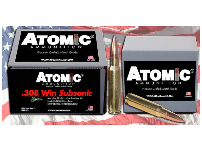 Atomic Ammunition Match Subsonic 308 Winchester Ammo 175 Grain Sierra MatchKing Jacketed Hollow Point Box of 100 For Sale Atomic Ammunition Match Subsonic 308 Winchester Ammo 175 Grain Sierra MatchKing Jacketed Hollow Point Box of 100 For Sale - Suppressors - Taurus X22 Frt Inc